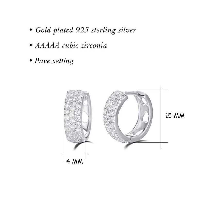 [Australia] - Carleen 925 Sterling Silver Pave Cubic Zirconia CZ Small Round Wide Hinged Huggie Cartilage Hoop Earrings For Women Girls - Diameter: 15 mm White Gold Plated 