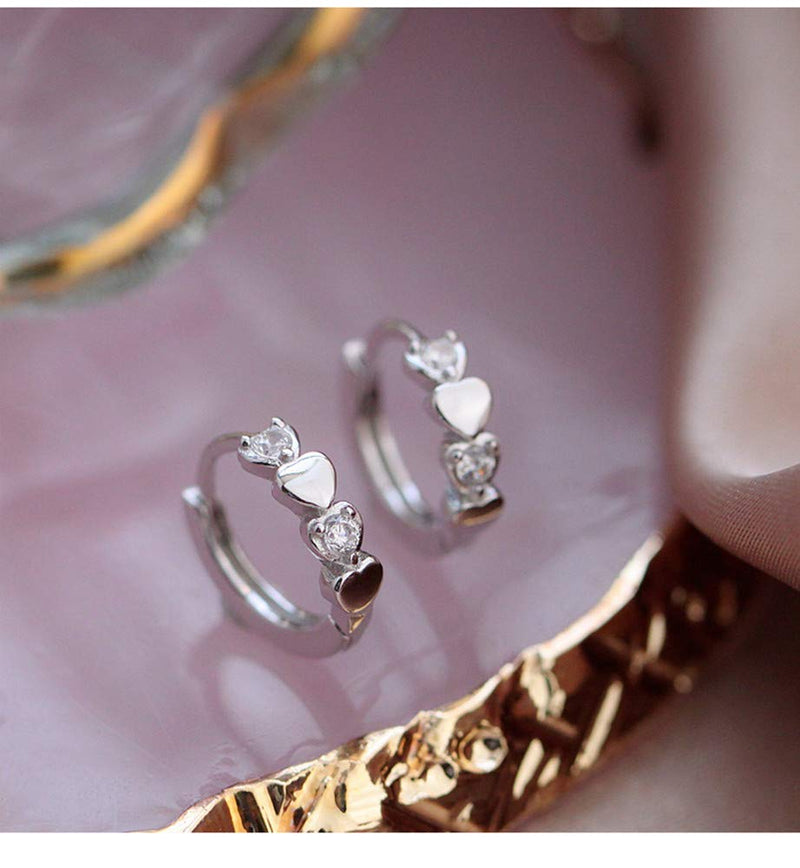 [Australia] - Double Love Heart Cubic Zirconia Sleeper Small Hoop Earrings for Women Teen Girls Cartilage Tiny Cute CZ Huggie Hoops Hypoallergenic for Sensitive Ear 