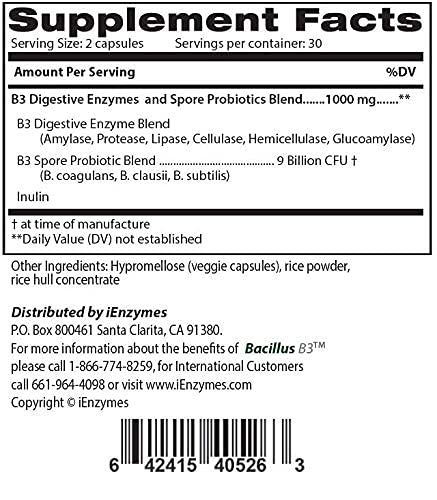 [Australia] - New Bacillus B3 Complex Probiotics & Bioactive Enzymes - Spore-Based Organisms - SBO - Better Survivability Leading Probiotics - B Coagulans & B Subtilis - Non GMO - 60 Capsules 