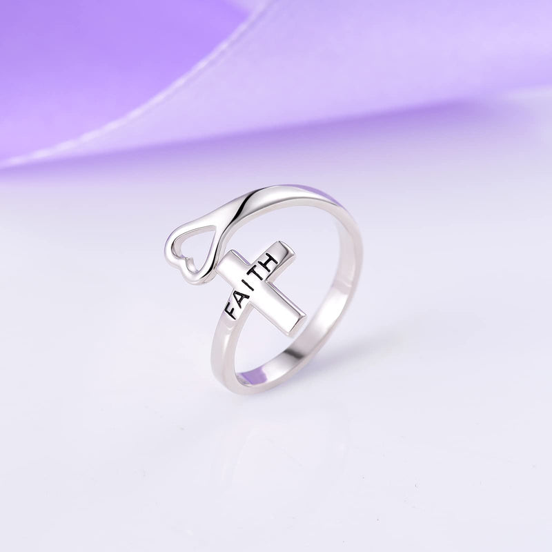 [Australia] - Hioed Sterling Silver Faith Cross Ring Wrap Open Adjustable Rings Inspirational Jewelry Gifts for Women Teen Girls 
