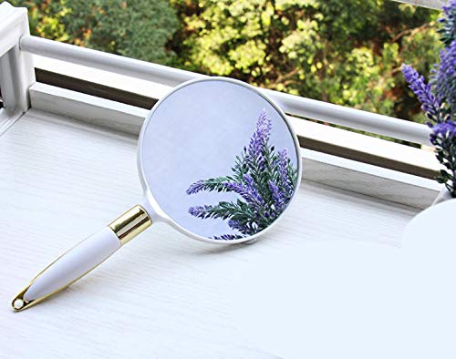 [Australia] - Round White Cosmetic Mirror with Golden Decoroted Handle for Girls - D4.7 x L9.5 Inch Women Single Side Make-up Handheld Mirror 