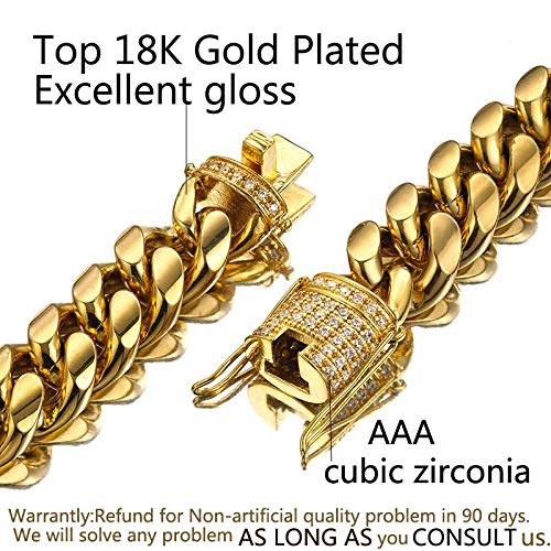 [Australia] - Jxlepe Mens Miami Cuban Link Chain 18K Gold 15mm Stainless Steel Curb Necklace with cz Diamond Chain Choker 10.0 Inches Bracelet 