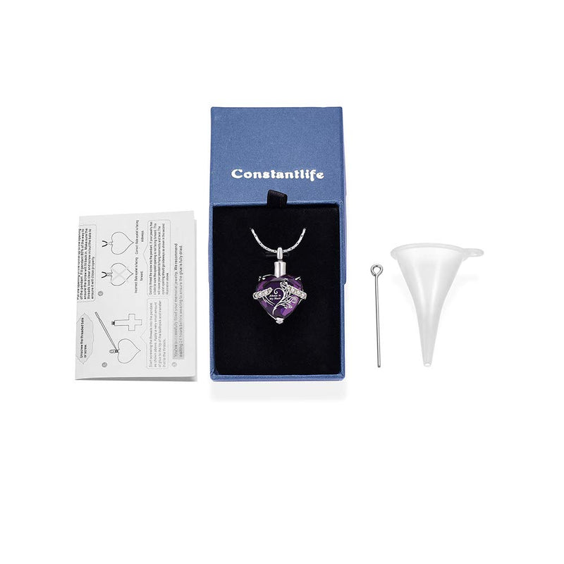 [Australia] - constantlife Crystal Heart Shape Cremation Jewelry Memorial Urn Necklace for Ashes, Stainless Steel Ash Holder Pendant Keepsake with Gift Box Charms Accessories for Women Purple + White 