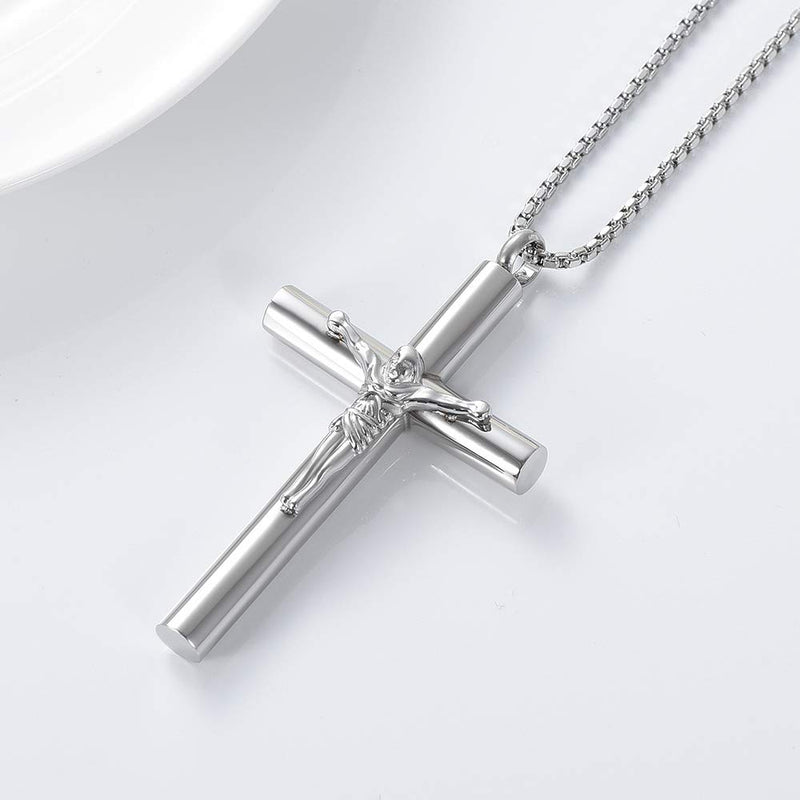 [Australia] - zeqingjw Stainless Steel Cross Cremation Jewelry for Men's Crucifix Prayer Urn Pendant Necklace for Ashes Jesus Cross Keepsake Memorial Ash Jewelry Silver 
