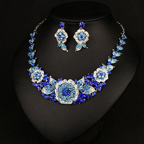 [Australia] - ENUUNO Prom Costume Jewelry for Women Flowers Crystal Choker Chain Charm Necklace and Earrings Sets Women Blue alloy 