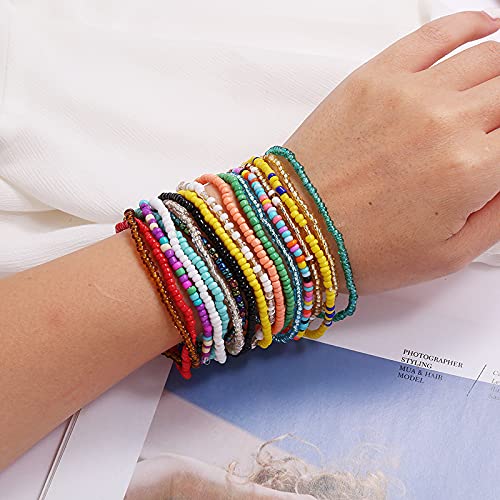 [Australia] - Shymuh 18 Pcs Boho Handmade Beads African Anklets Bracelet Colorful Stretch Ankle Bracelets Set Elastic Foot Chain Jewelry Cute Colorful VSCO Friendship Beaded Anklets Hand Chain Jewelry 