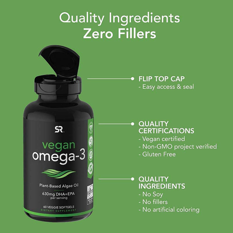 [Australia] - Vegan Omega-3 Fish Oil Alternative Sourced from Algae Oil | Highest Levels of Vegan DHA & EPA Fatty Acids | Non-GMO Verified & Vegan Certified - 60 Veggie Softgels (Carrageenan Free) Vegan Omega-3 