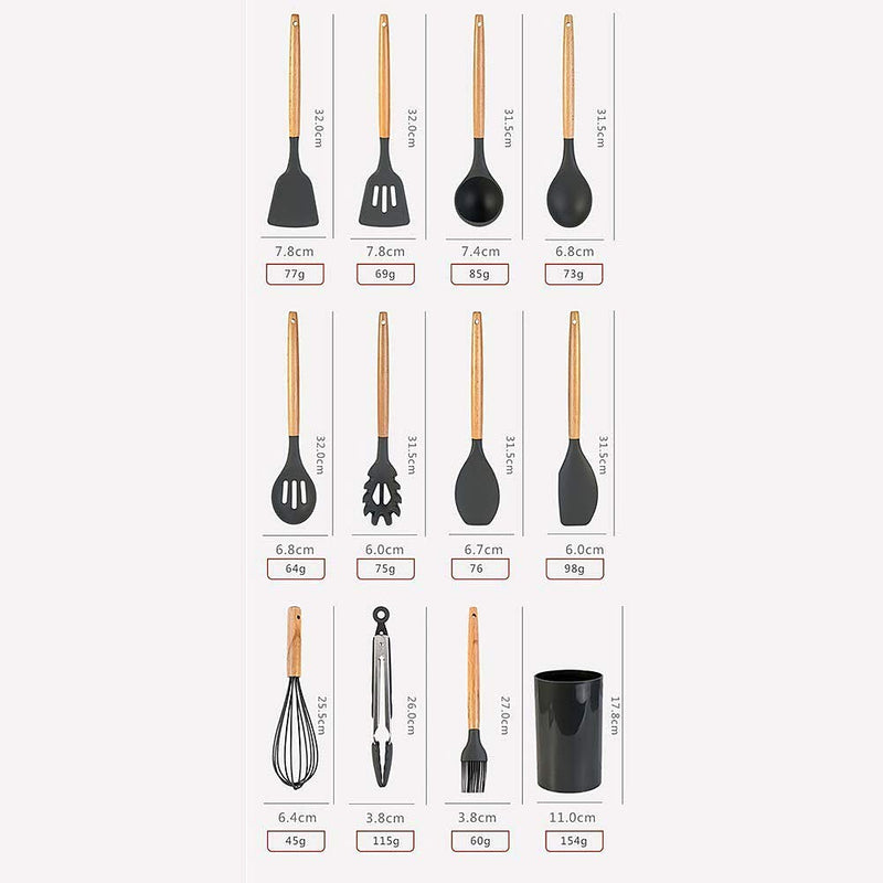 [Australia] - Cozywind Cooking Utensils Set with Holder Silicone Kitchen Utensils Set,12 pcs Wooden Handles, Kitchen Spatula Set Non-Stick 