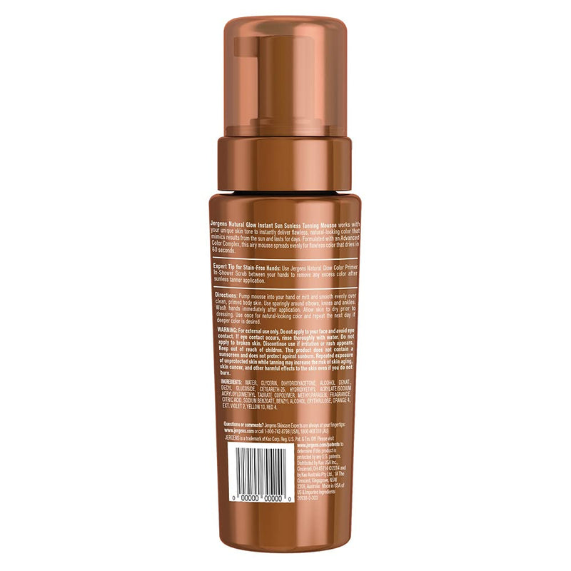 [Australia] - Jergens Natural Glow Instant Sun Body Mousse, Self Tanner for Deep Bronze Tan, Sunless Tanning Body Bronzer, Natural Looking Fake Tan, 6 Ounce Instant Sun Sunless Tanning Mousse, Deep Bronze, 6 Ounce 