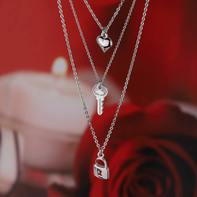 [Australia] - Vanbelle Sterling Silver "Heart", "Lock" & "Key" Multi-charim & Multi-layer Chain Necklace with Rhodium Plating for Women and Girls 