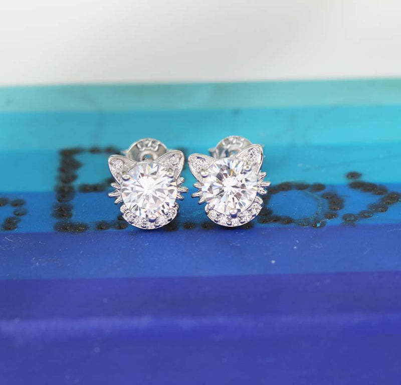 [Australia] - MixiuEuro Women Girls Cat Stud Earrings 925 Sterling Silver Cubic Zirconia Cat Heart love Stud Earrings Jewellery Gift For Girls Child 