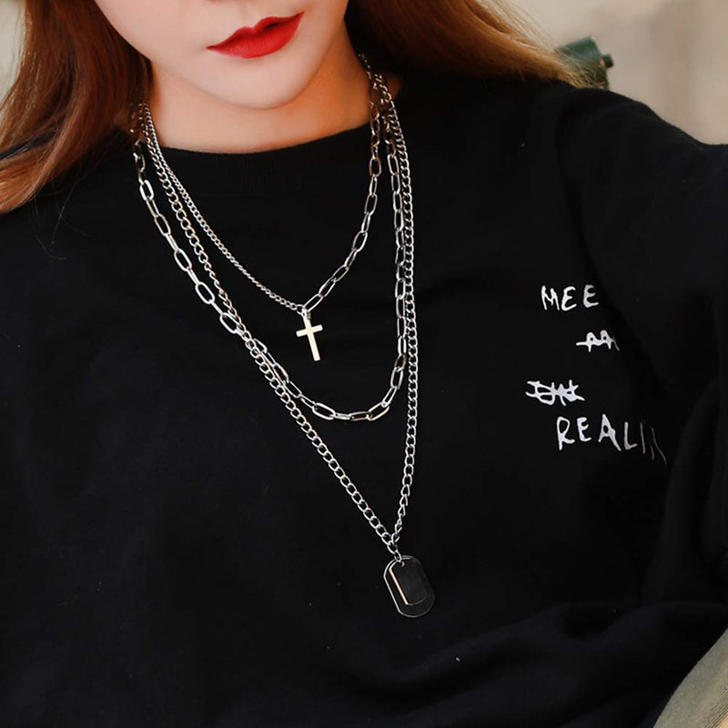 [Australia] - Women Girls Harajuku Streetwear Multilay Necklace Punk Hip hop Long Chain Stainless Steel Cross Lock Statement Pendant Multilayer Choker Necklace Fashion Jewelry 