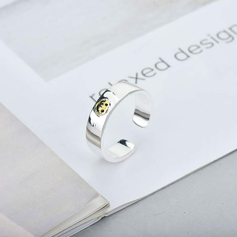 [Australia] - 2 Pcs Statement Smiley Face Ring Cute Smiling Face Band Ring Open Stainless Steel Rings Smiley Wide Face Ring Jewelry for Women Men Girls Boys 