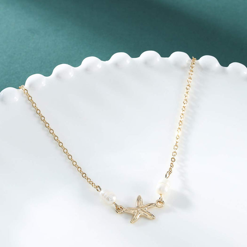 [Australia] - Chicque Simple Starfish Pendant Anklet Pearl Foot Chain Beach Ankle Bracelets for Women and Girls (Gold) Gold 