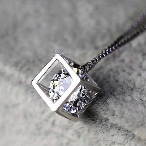 [Australia] - White Zirconia Crystals Cube Set Pendant Necklace 18" Dangle Earrings 18 ct White Gold Plated 