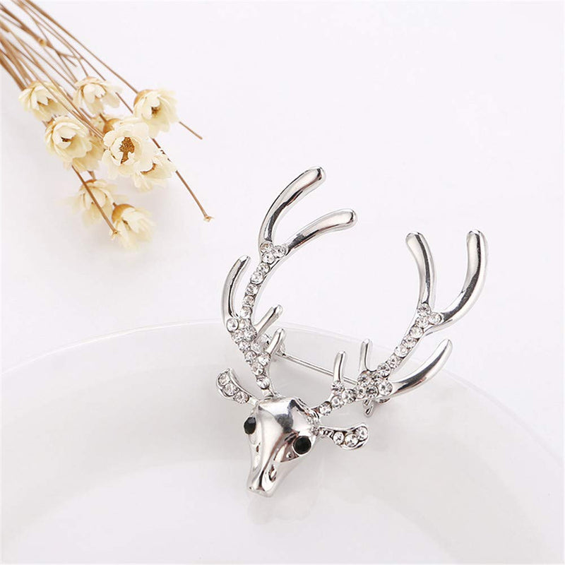 [Australia] - JczR.Y Retro Deer Head Christmas Brooch Pins Personalized Rhinestone Elk Antlers Brooch Unisex Boutonniere Collar Fashion Jewelry Gift B:Silver antlers 