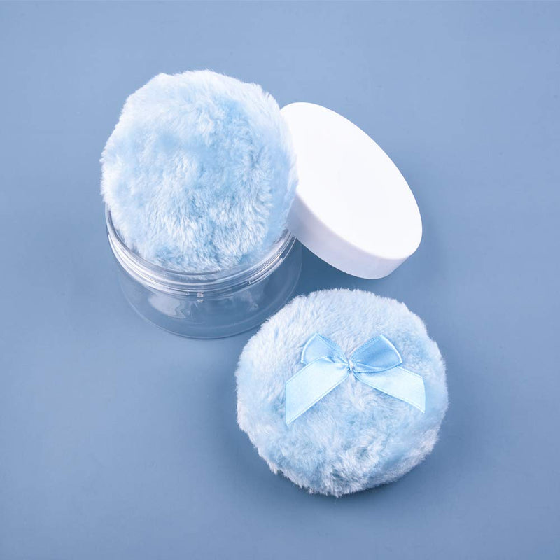 [Australia] - WXJ13 2 Pcs 4 inch Large Blue Fluffy Powder Puff for Body and Transparent Storage Box, Round Powder Loose Puff with Ribbon Bow Handle for Face & Body 