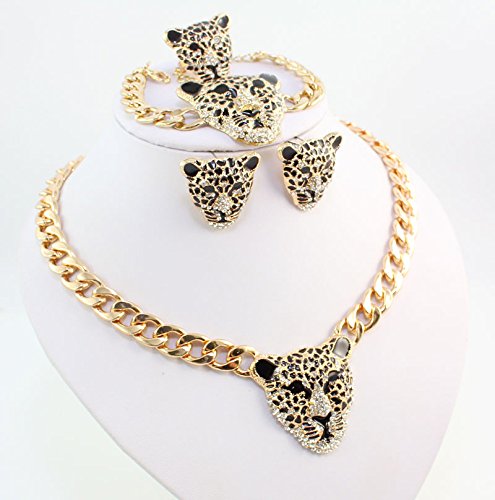 [Australia] - Cool Leopard Head Bracelet Earrings Necklace Ring Set 18k Gold Plated Rhinestone Chunky Curb Chain Costume African Jewelry Sets Jewelry Set 