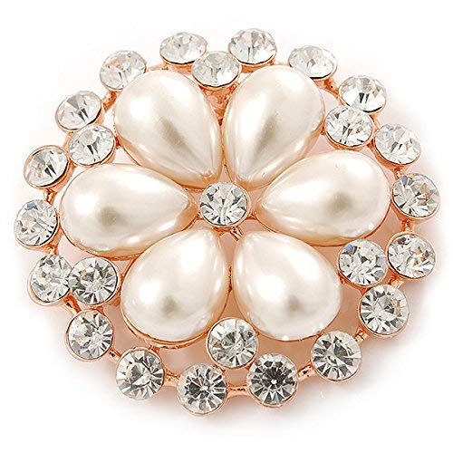 [Australia] - Avalaya Bridal, Wedding, Prom Crystal, Pearl Flower Brooch in Rose Gold - 55mm Diameter 