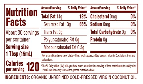 [Australia] - Nutiva Organic Cold-Pressed Virgin Coconut Oil, 15 Fl Oz, USDA Organic, Non-GMO, Whole 30 Approved, Vegan, Keto, Fresh Flavor and Aroma for Cooking & Healthy Skin and Hair 15 Fl Oz (Pack of 1) 