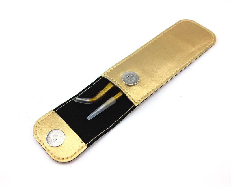 [Australia] - yueton 2pcs Gold Color Coated Stainless Steel Straight and Curved Head Tweezers with Leather Case for Eyelash Extension 