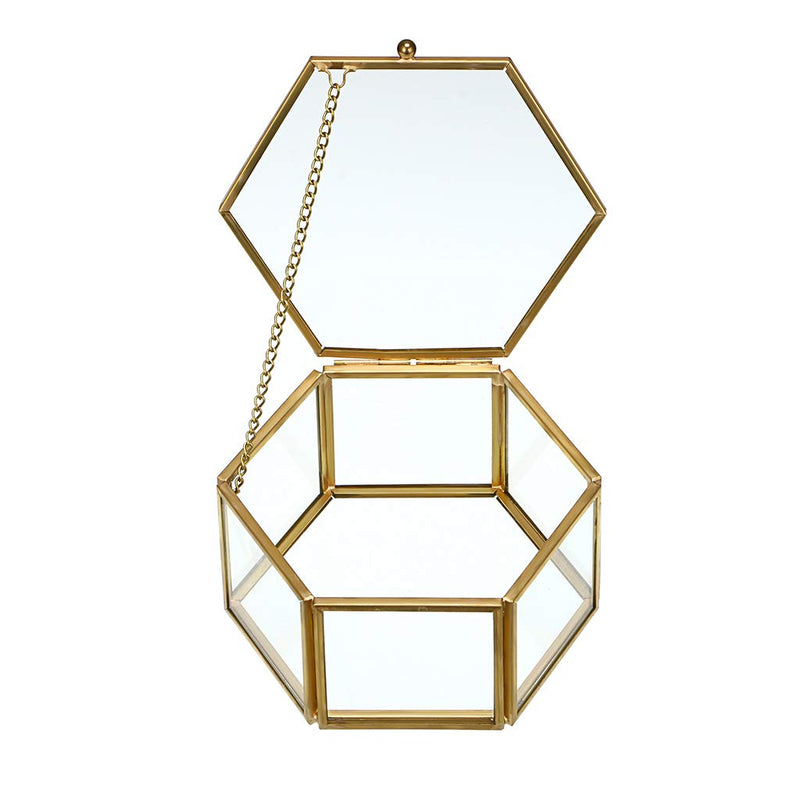 [Australia] - Hipiwe Vintage Glass Jewelry Box - Golden Hexagonal Jewelry Display Organizer Keepsake Box Home Decorative Box Case for Storage Trinket Ring Earring Chest Medium 