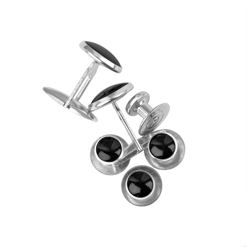 [Australia] - Tuxedo Shirt Studs and Cufflinks for Formalwear, Enamel with Metal Trim, 6 Piece Complete Set (4 Studs for Front, 2 Cufflinks for Sleeves) with 2 Backup Cufflinks, Stainless Steel and Enamel, 1-Set Black with Silver Color Trim 
