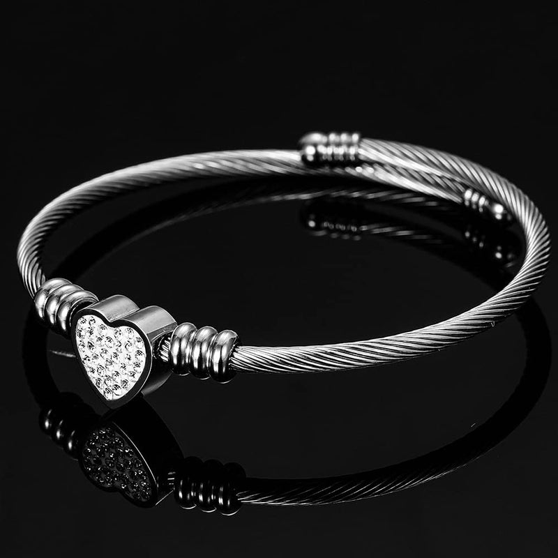 [Australia] - Homelavie Bangles Bracelets for Women Stainless Steel Crystal Heart Cable Twisted Bangle Cuff Bangle Fashion Jewelry for Girls Men Boys White 