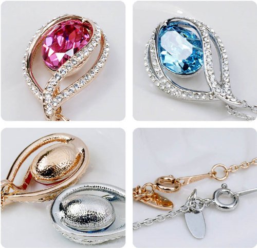 [Australia] - Rigant White Gold Plated Oval Shaped Swarovski Elements Crystal Hollow Style Teardrop Pendant Necklace Fashion Jewelry Clear and Hot Pink Multi 