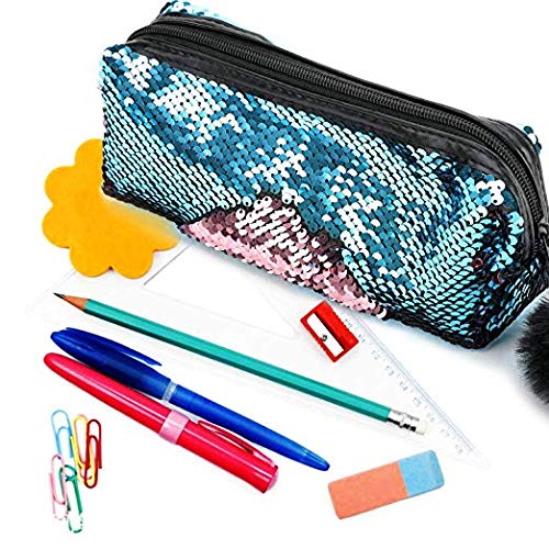 [Australia] - Glitter Cosmetic Bag Mermaid Spiral Reversible Sequins Portable Double Color Students Pencil Case for Girls Women Handbag Purse Make Up Pouch with Pompon Zip Closure(Blue+Pink) 