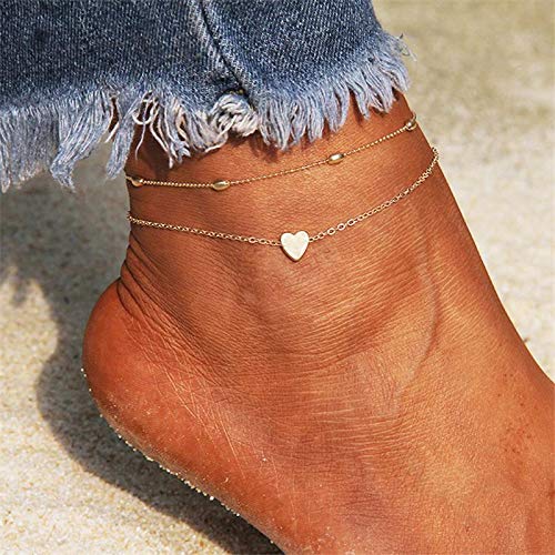 [Australia] - Artmiss Layered Anklets Women Heart Gold Ankle Bracelet Charm Beaded Dainty Foot Jewelry for Women and Teen Girls Summer Barefoot Beach Anklet 