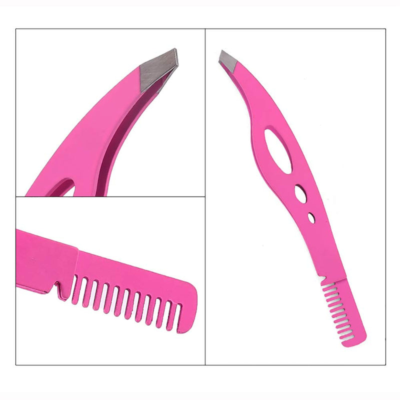 [Australia] - Slant Tweezers-Tweezer Professional Pink Stainless Steel Slant Tip Tweezer-The Best Precision Eyebrow Tweezers with comb 