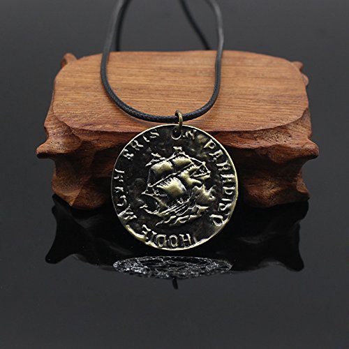 [Australia] - Antique Bronze Uncharted 4 Drake Engraved Skull Gold COIN Pendant Necklace,Black leather Chain 