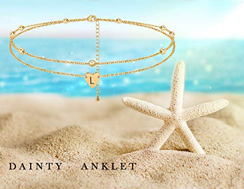 [Australia] - Initial Heart Anklet Bracelet Layered Heart Letters A to Z Alphabet Beads Chain Anklet for Women 14K Real Gold Plated Beach Foot Chain Jewelry 