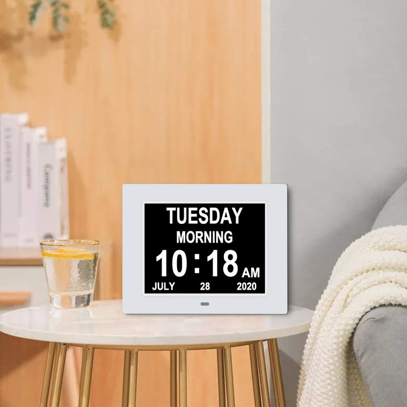 [Australia] - 7 Inch Extra Large Non-Abbreviated Day Date & Month Digital Day Calendar Clock with Auto-Dimming 8 Alarm Reminders Dementia Clocks for Senior Elderly impaired Vision 7005 white 