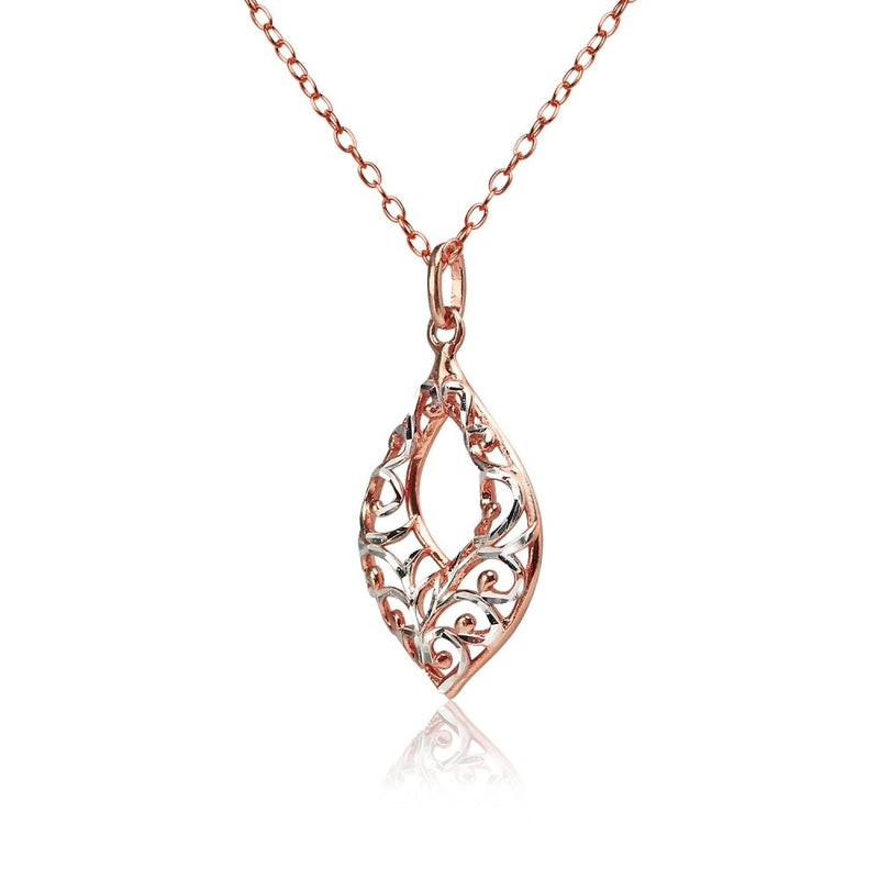 [Australia] - Sterling Silver Diamond-cut Filigree Open Teardrop Necklace Rose Gold Flashed 