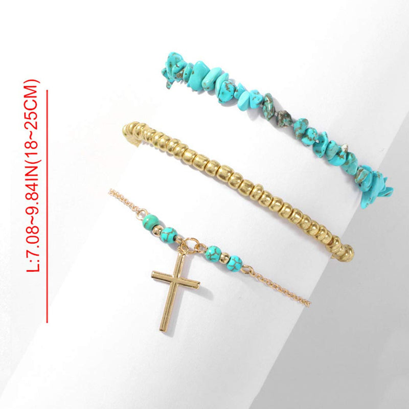 [Australia] - Aukmla Boho Layered Turquoise Anklets Chain Gold Beach Cross Pendent Foot Bracelets Jewelry for Women and Girls (Pack of 3) 