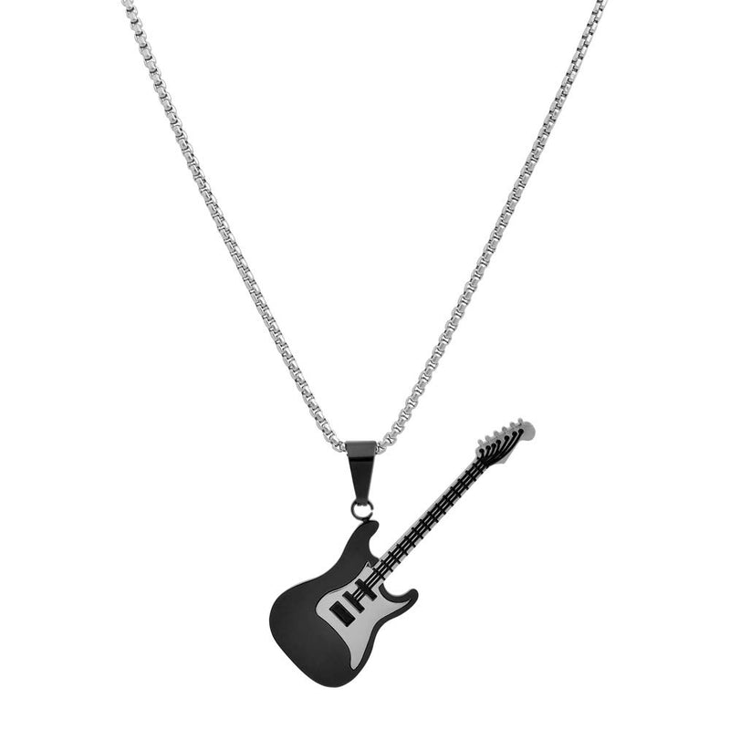 [Australia] - Magna Steel Men's Stainless Steel Rock Electric Guitar Bass Pendant Necklace with 24" 3mm Rolo Chain Black 