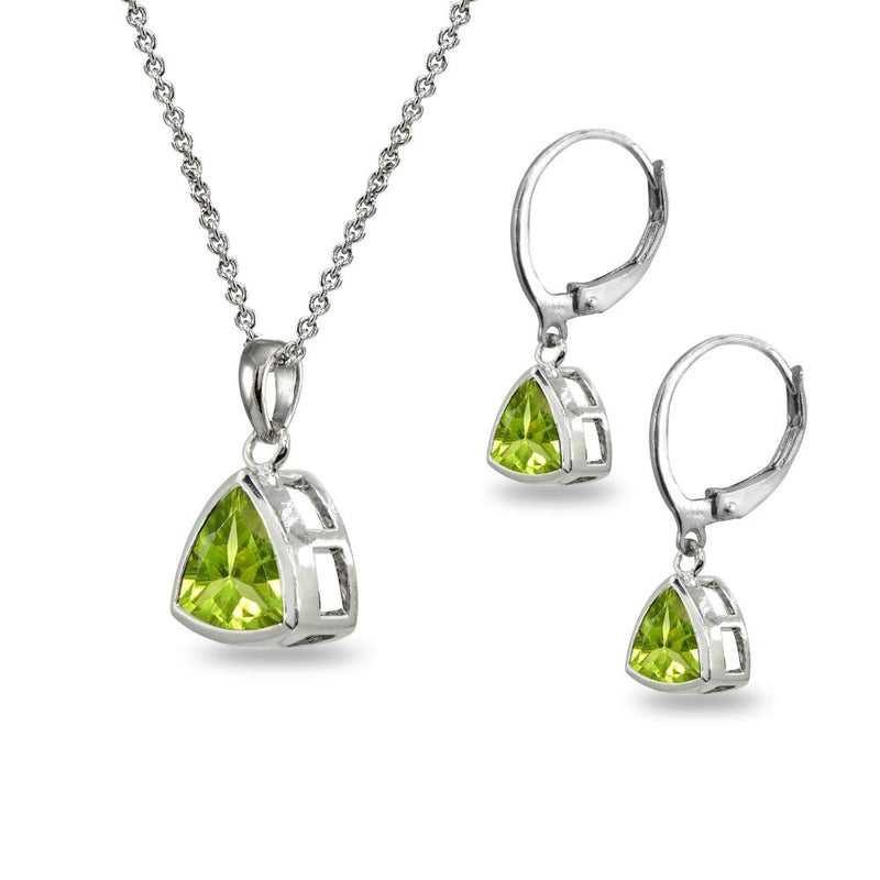 [Australia] - Sterling Silver Genuine or Synthetic Gemstone Trillion Bezel-Set Pendant Necklace & Dangle Leverback Earrings Set Peridot 