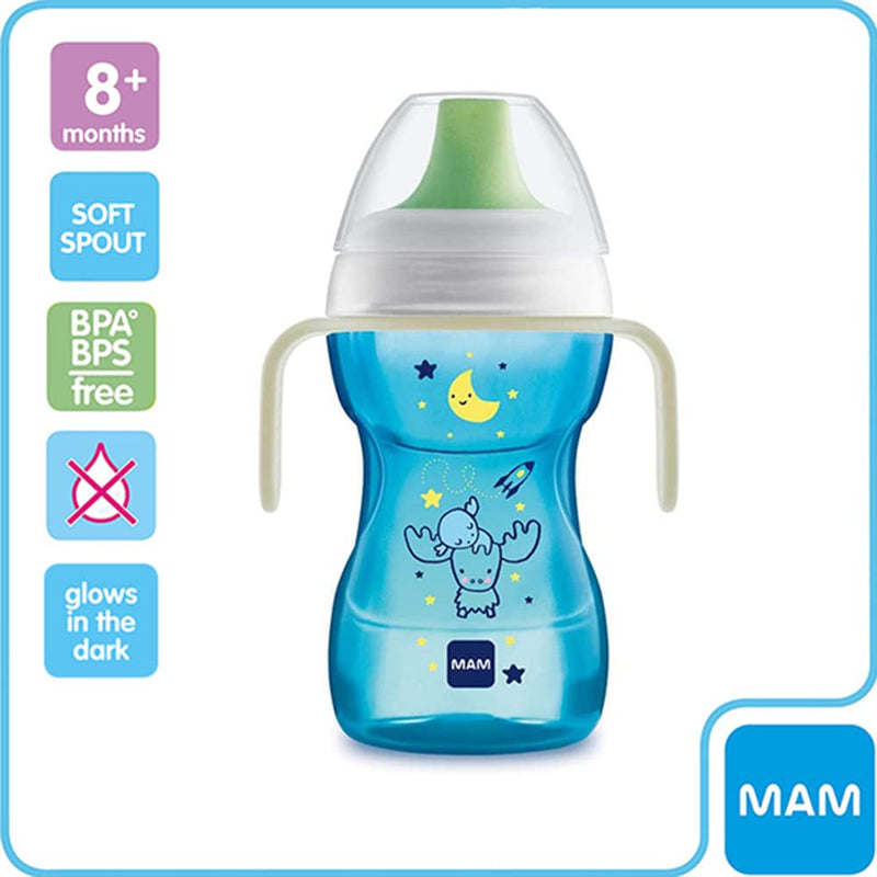 [Australia] - MAM Fun to Drink Cup & Glow Handles, Baby Bottle with Handles, Spill-Free Sippy Cup, Transition Drink Bottle for Babies and Toddlers, Blue 