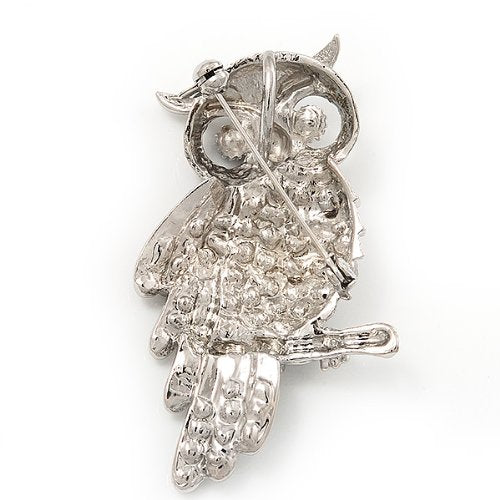 [Australia] - Avalaya Sparkling AB Crystal Owl Brooch (Silver Tone Metal) - 50mm L 