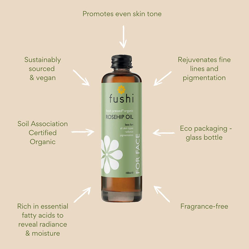 [Australia] - Fushi Organic Rosehip Seed Oil 100 ml | min Vitamin E 18.3 mcg/g | Fresh-Pressed | Best for Scars, Fine Lines & Stretch Marks | Ethical & Vegan Society Approved | Manufactured in the UK 100ml 