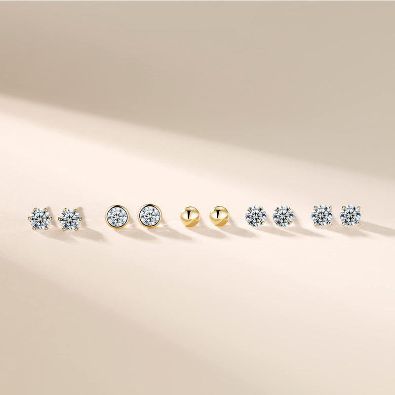 [Australia] - PRETTERY Silver Stud Earrings for Women, 5 Pairs 925 Sterling Silver Stud Earrings Set, 4mm Ball & Cubic Zirconia Stud Earrings Set, Hypoallergenic Small Sleeper Cartilage Earrings Set, Siver/ Gold/ Rose Gold 