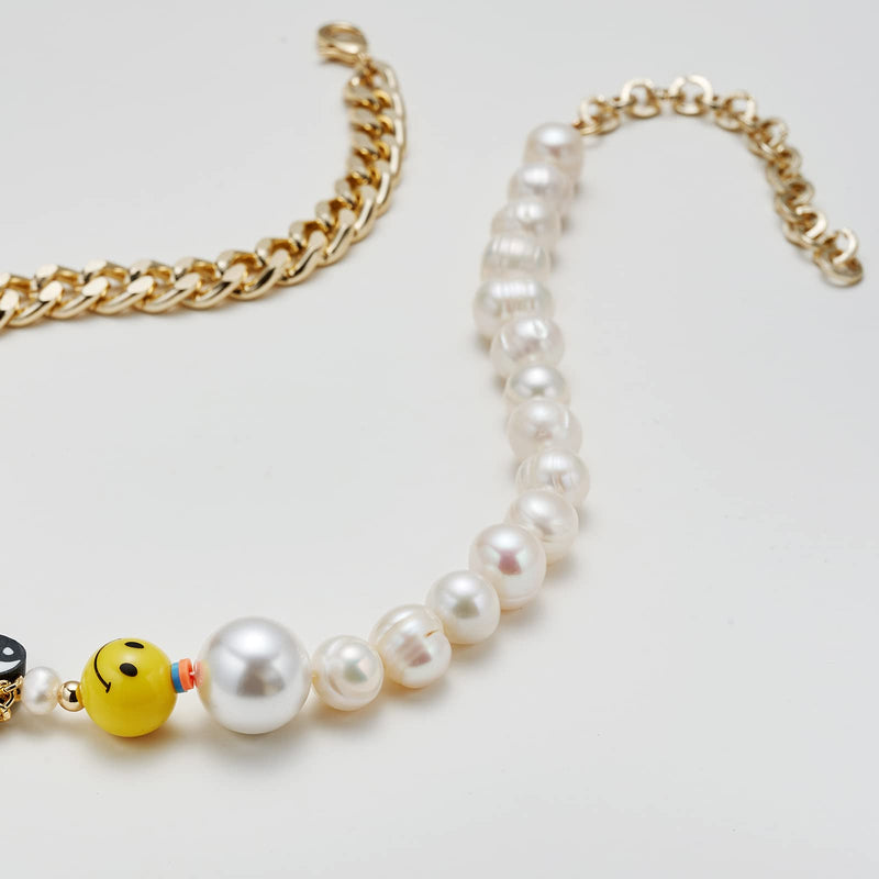 [Australia] - Happy Go Lucky Necklace Smiley Face Pearl Chain Necklace Y2k Yin Yang Rainbow Polymer Clay Beads Cute Creative Handmade Bohemia Charm Choker Necklace For Women Girls 