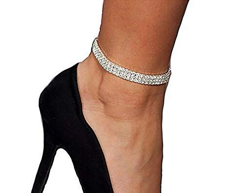 [Australia] - Women Rhinestone Stretch Ankle Bracelet Silver Sparking Tennis Bracelet Crystal Anklet Foot Chain Jewelry 3 Row - 2pcs 