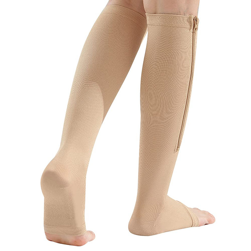 [Australia] - Zipper Compression Socks (2 pairs) 15-20 mmHg with Open Toe Best Support Zipper Stocking for Edema, Swollen, Pregnancy L/XL Beige 