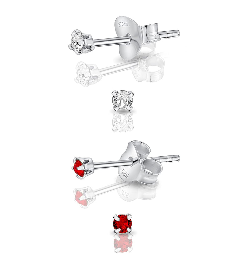 [Australia] - DTPsilver® Set of 2 PAIRS of 925 Sterling Silver * TINY * Round Stud Earrings and Crystals from Swarovski® Elements - Diameter: 2 mm - 1 Pair Clear Crystal & 1 of your Choice - Choice of Colour Clear Crystal & Red Light Siam 