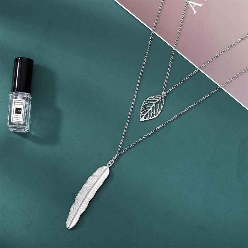 [Australia] - Adflyco Boho Layered Feather Necklace Silver Leaf Pendant Necklaces Chain Jewelry Adjustable for Women and Girls 