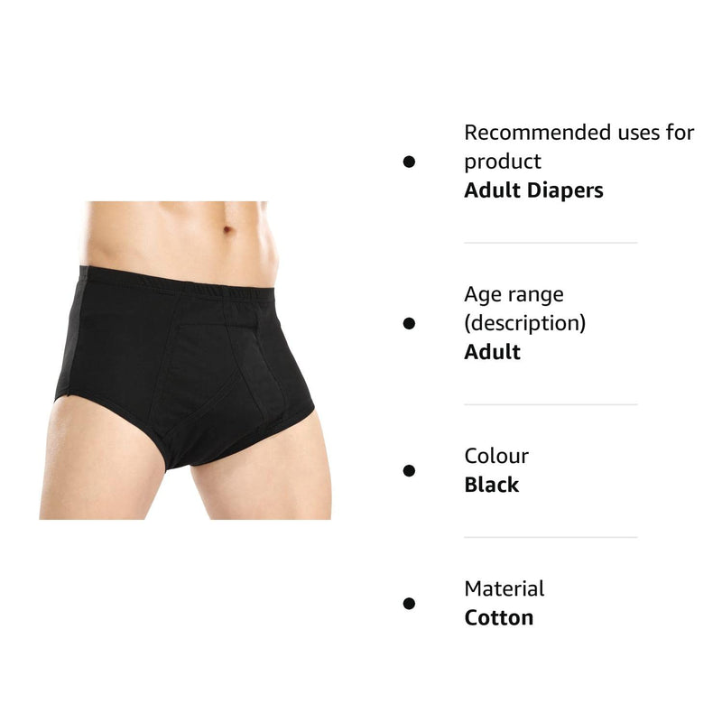 [Australia] - Carer Mens Incontinence Pants Reusable Washable Cotton Incontinence Pants with Absorbent Pad 200ML Urine Volume Black L Size L (Pack of 1) 