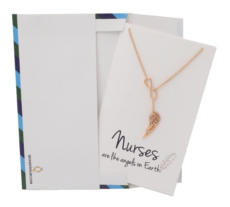 [Australia] - Quan Jewelry Nurse Necklace, Infinity Angel Wing Pendant Charm, Gift for Nurses, Rose Gold Tone 